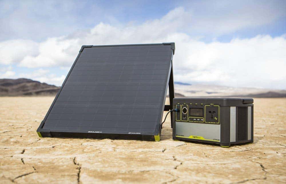 Goal Zero Boulder 50 solar panel on desert floor attached to Yeti solar generator