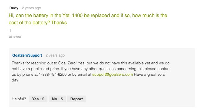 Yeti 1400 replacement battery question Goal Zero