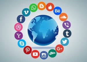 Social media icons revolving world