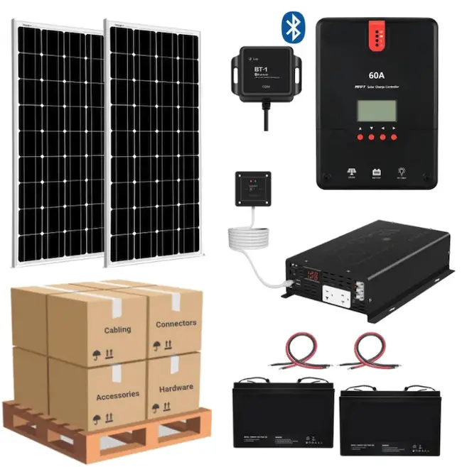 Contents from one of Shop Solar Kits' Complete Solar Panel Kits