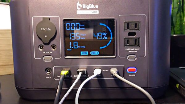 USB-C and USB-A output testing the BigBlue CP500