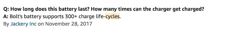 Jackery Bolt cycle life Amazon answer