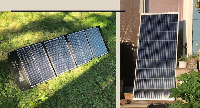 Portable solar panel and rigid solar panel side by side