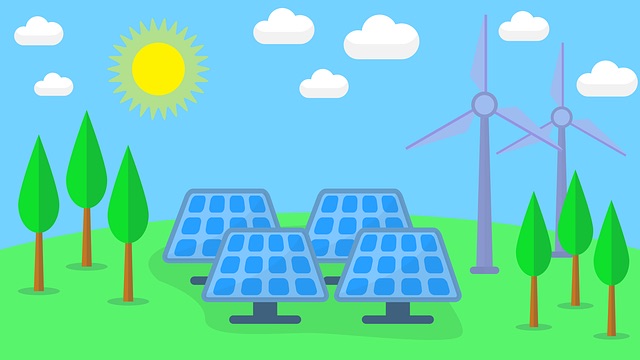 renewable energy graphic with wind turbines and solar panels