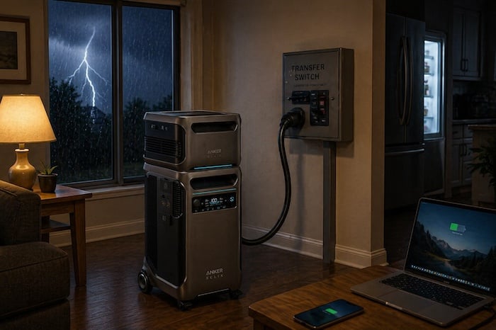 Anker F3800 with BP3800 battery on top connected to transfer switch in home during power outage